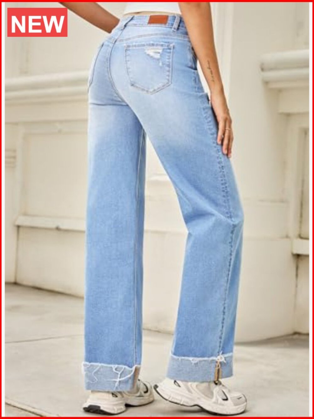 High Waisted Wide Leg Jeans Distressed Straight Leg Folded Hem Stretchy Denim - Picture 2 of 6